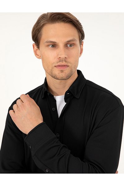 Pierre Cardin Черна плетена риза Slim Fit 50293240-VR046
