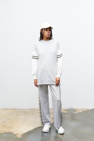 Basicpark Dyed Gray Women's Wide Leg, Elastic Waist Stripe Detailed Cotton Knitted Bottom and Top Set