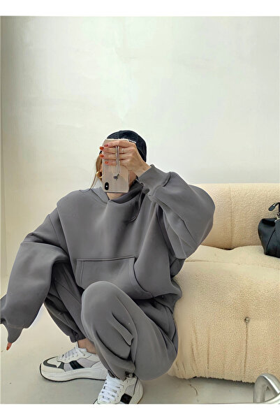 YAKAMEL KADIN 3 İPLİK KALIN MEVSİMLİK OVERSİZE EŞOFMAN TAKIMI