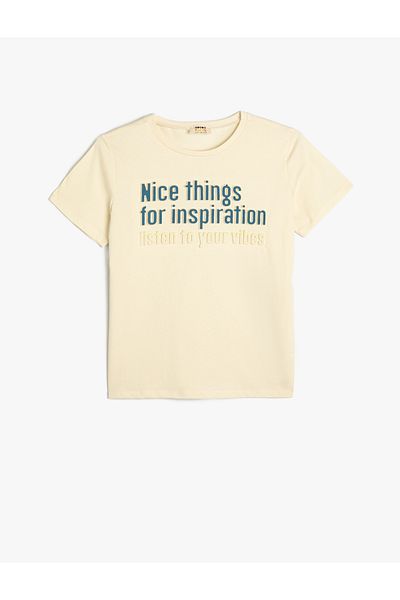 Koton Cotton Short Sleeve T-Shirt - Crew Neck, Slogan Printed
