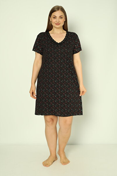 ERDENİZ TEKSTİL Kısa Kollu Dantel Yakalı Kadın Geceliği / Büyük Beden Pamuklu