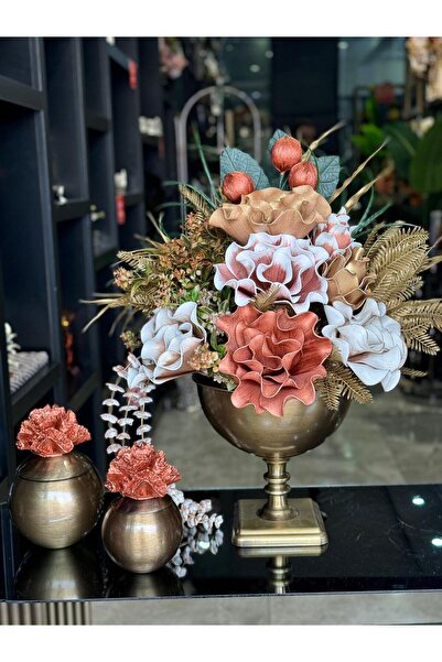 TASARIMHMODA Yapay Çiçekli Antik Kare Ayak Vazo 3 Parça Set No:5