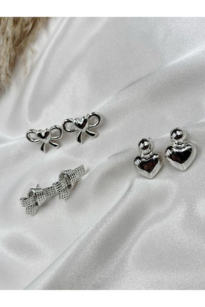 Eylülün Takısı Women's Silver Color 3 Pairs Design Earrings Set