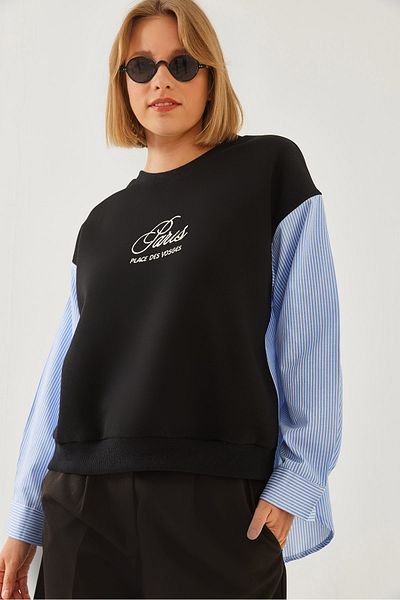 Bianco Lucci Vyšívaná dámská mikina Crew Neck – zdobený rukáv a 3vláknový rastr 60351001