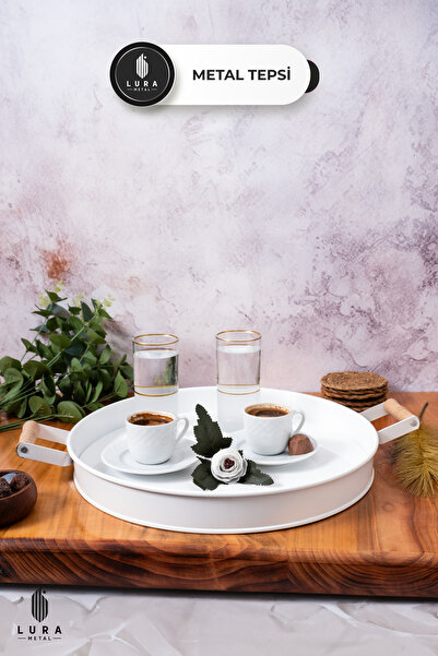 Homekolik 37 cm Metal Coffee and Tea Presentation Tray with White Wooden Hand...
