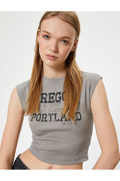 Koton College Printed Crop T-Shirt - Crew Neck, Slim Fit, Cotton
