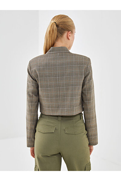 LC Waikiki Brown Plaid Crop Women's Blazer Jacket