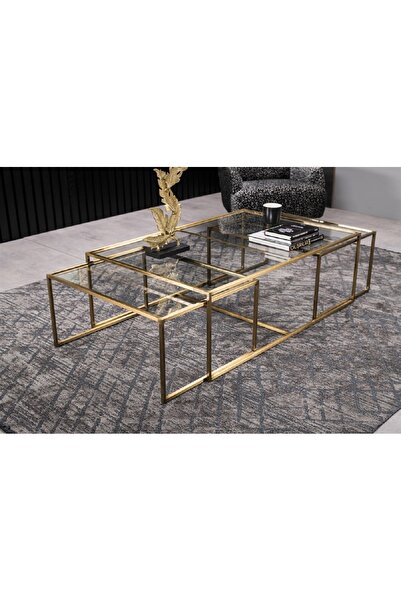 SCY Abiete 3'lü Cam Orta Masa Metal Ayaklı Dekoratif Orta Sehpa Gold Metal Mo...