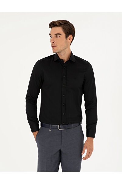 Pierre Cardin Cămașă neagră cu mânecă lungă, croială slim, din material Dobby...