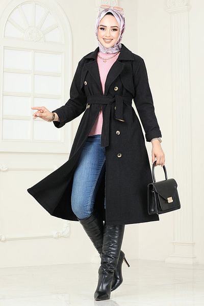 ModaMerve Black Stamp Coat - Bolero Detailed, Model 2054Bgs895-M