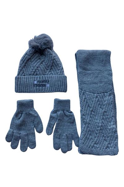 Kitti Gray Acrylic Pompom Scarf Beanie Gloves for 9-15 Years Old Girl - Set of 3