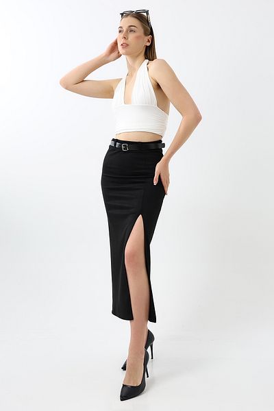 winmoda Fusta de piele intoarsa neagra lungime maxi de 92 cm - cu detaliu cu fanta in fata