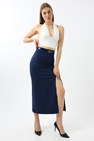 Gugus Жіноча модель Suet Kuamas Trend з довгим поясом на блискавці 92 см максі-спідниця з розрізами