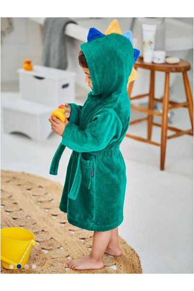 Alpar Tekstil Thick Cotton Soft Girl-Boy Towel Bathrobe Green/Dinasor