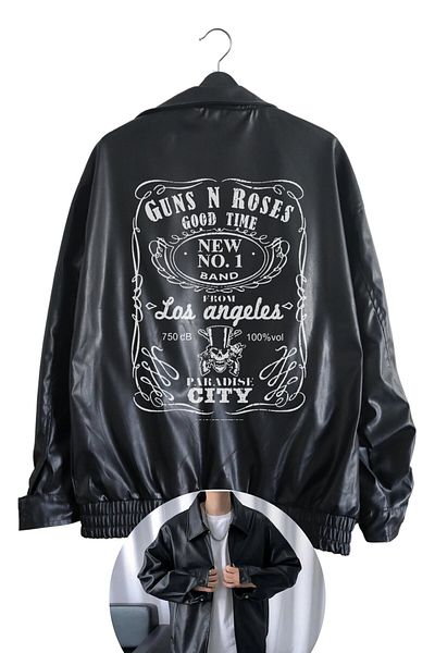 Fuddy Moda Guns N' Roses εμπριμέ Unisex μαύρο δερμάτινο μπουφάν - Oversize Streetwear