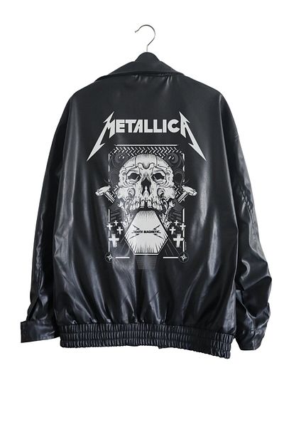 Fuddy Moda Μαύρο δερμάτινο μπουφάν με στάμπα Metallica - Unisex Rock Metal Λεπτομερή Streetwear