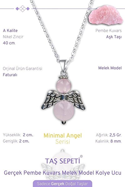 TAŞ SEPETİ Gerçek Pembe Kuvars Doğal Taşı Minimal Melek Model A Kalite Zincir...