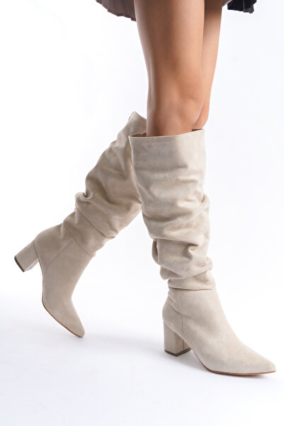 Shoesers Kadın Körüklü Tasarım Kalın Topuklu Sivri Burunlu Bej Süet Çizme (Bir Beden Büyük Alınız)