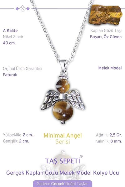 TAŞ SEPETİ Real Tiger Eye Natural Stone Minimal Angel Model A Quality Chain Pendant