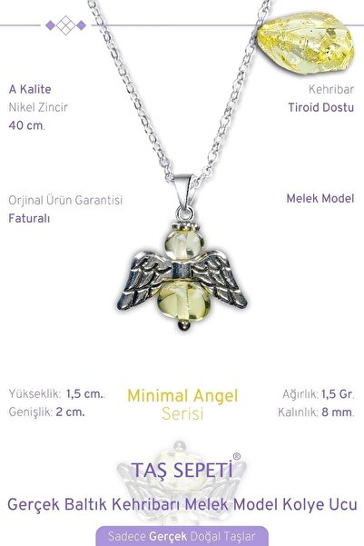 TAŞ SEPETİ Gerçek Kehribar Doğal Taşı Minimal Melek Model A Kalite Zincirli Kolye Ucu