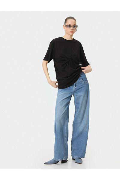 Koton Crew Neck Long Comfortable Fit - Short Sleeve T-Shirt with Knot Detail