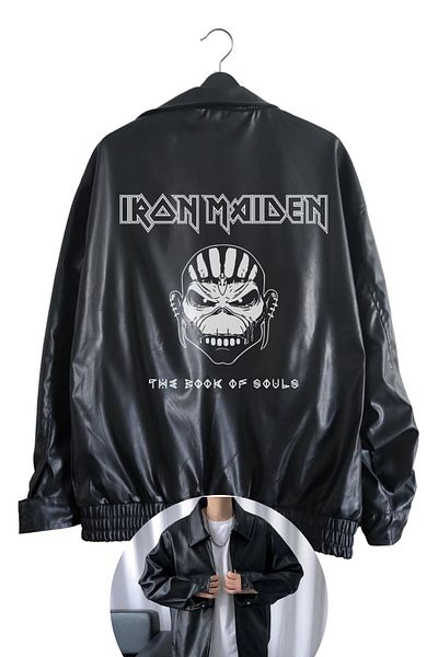 Fuddy Moda Черно кожено яке с щампа на Iron Maiden - Унисекс рок стрийт облекло