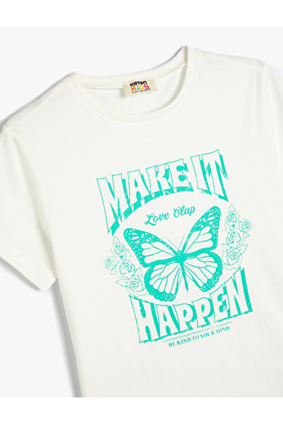 Koton Kurzärmeliges T-Shirt aus Baumwolle mit Schmetterlings-Aufdruck, Rundhalsausschnitt