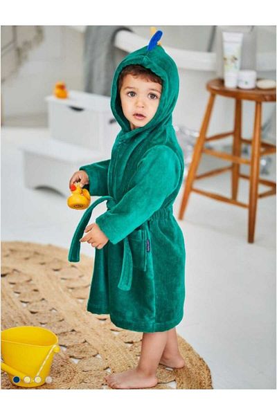 Alpar Tekstil Thick Cotton Soft Girl-Boy Towel Bathrobe Green/Dinasor