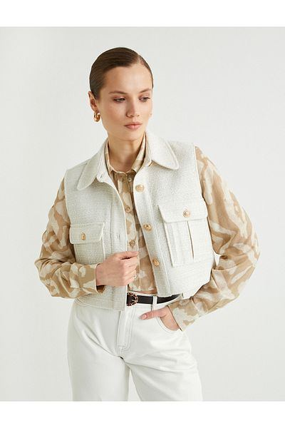 Koton Gold Buttoned Crop Tweed Vest - Pocket Detail