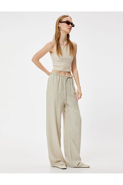 Koton Oversize Trousers with Pockets - Waist Lace-up and Ruffle Detail