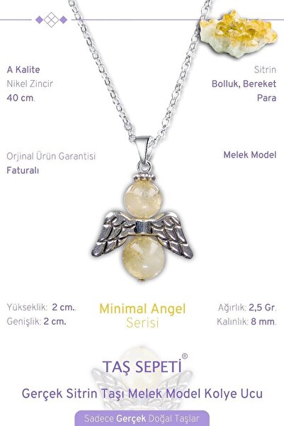 TAŞ SEPETİ Gerçek Sitrin Doğal Taşı Minimal Melek Model A Kalite Zincirli Kol...