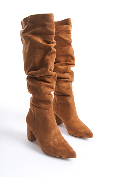 Shoesers Kadın Körüklü Tasarım Kalın Topuklu Sivri Burunlu Taba Süet Çizme (Bir Beden Büyük Alınız)
