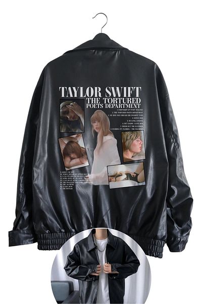Fuddy Moda TTPD Printed Oversize Μαύρο Δερμάτινο Μπουφάν - Επενδυμένο, Εκτύπωση Taylor Swift