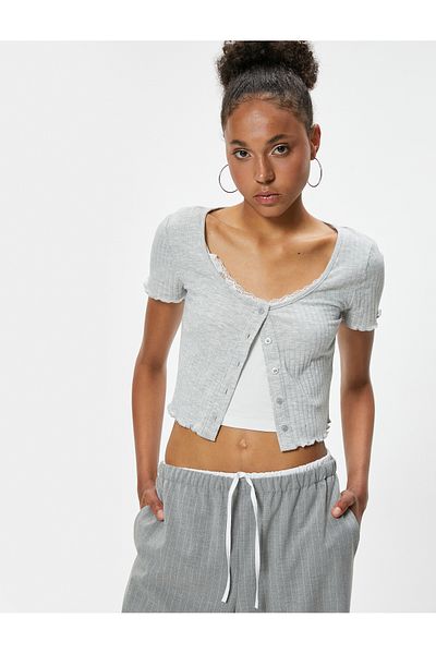 Koton U-Neck Crop T-Shirt - Button and Short Sleeve