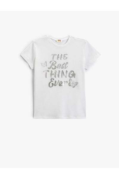 Koton T-Shirt Slogan Printed Short Sleeve Crew Neck Textured Cotton