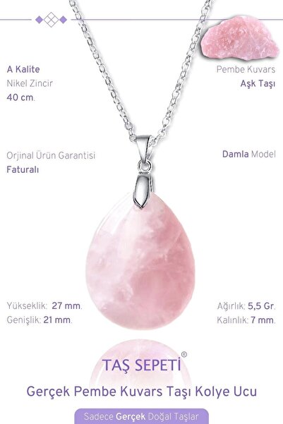 TAŞ SEPETİ Gerçek Pembe Kuvars Doğal Taşı Damla Model Zincirli Kolye Ucu