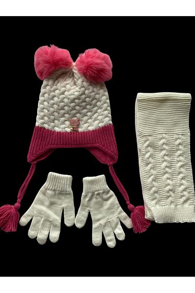 Kitti 4-8 Years Old Girl's Beanie Inside Fleece Outside Acrylic Pompom Scarf Beanie Gloves 3-Piece Set Cream Fuchsia