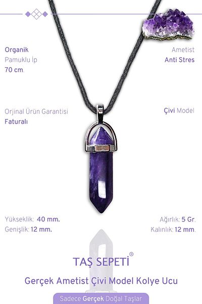 TAŞ SEPETİ Nail Model Amethyst Natural Stone Cotton Necklace