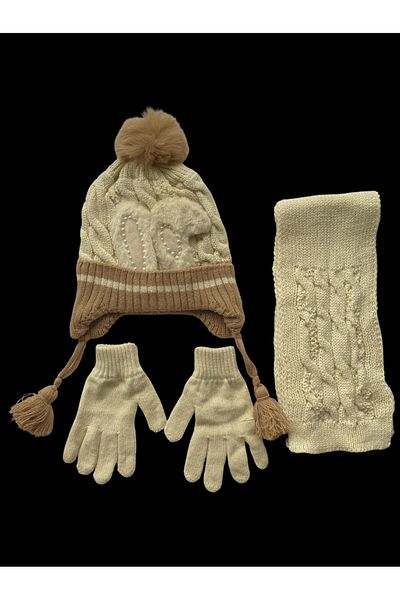 Kitti 4-8 Years Old Girl's Beanie Inside Fleece Outside Acrylic Pompom Scarf Beanie Gloves 3-Piece Set Cream/Brown
