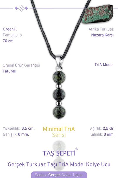 TAŞ SEPETİ Real Turquoise Natural Stone Minimal Tria Model Cotton Drawstring Mens Necklace