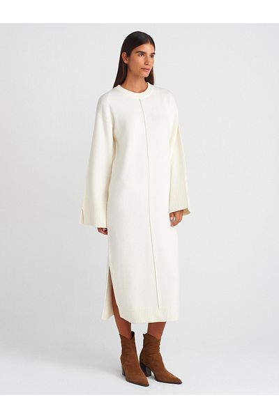 Dilvin 90236 Rochie tricotată cu decolteu și fante - Ecru M