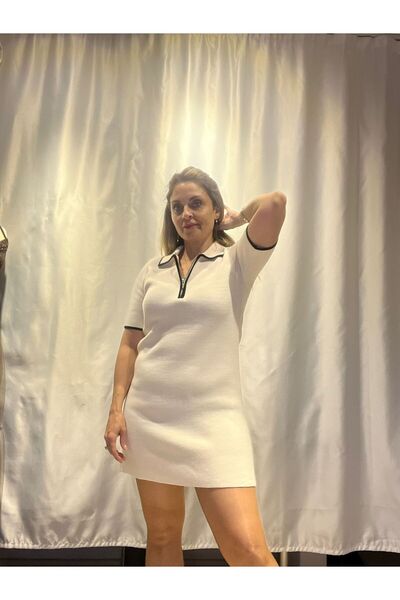 SED4NINBUTİK KADIN BEYAZ,SİYAH ŞERİTLİ KISA KOLLU MİNİ BOY TRİKO ELBİSE