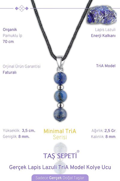 TAŞ SEPETİ Real Lapis Lazuli Natural Stone Minimal Tria Model Cotton Drawstring Mens Necklace