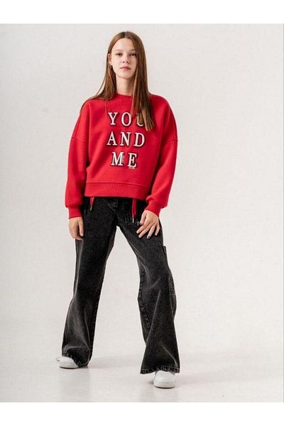 Zekids Pantaloni de blugi pentru fete cu talie elastică, cu curea colorată, cu picioare largi