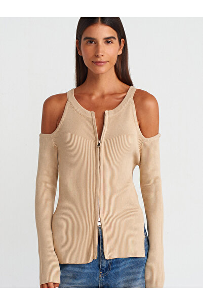 Dilvin 60259 Detailní pletenina na zip s rozparkem a otevřenými rameny Cardigan-Béžová