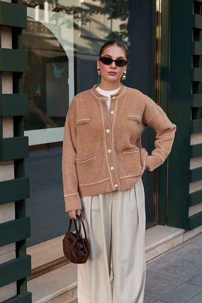 Vaveyla Camel Pearl Button Detailed Soft Textured Cardigan