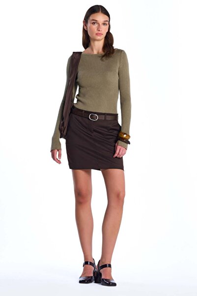 SHERIN Khaki Long Sleeve Ribbed Sweater