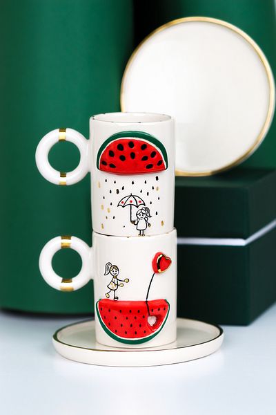 SİNEM YAMAN HOME 2-Piece Watermelon Girl Heart and Umbrella Turkish Coffee Cup Set - Handmade Ceramic
