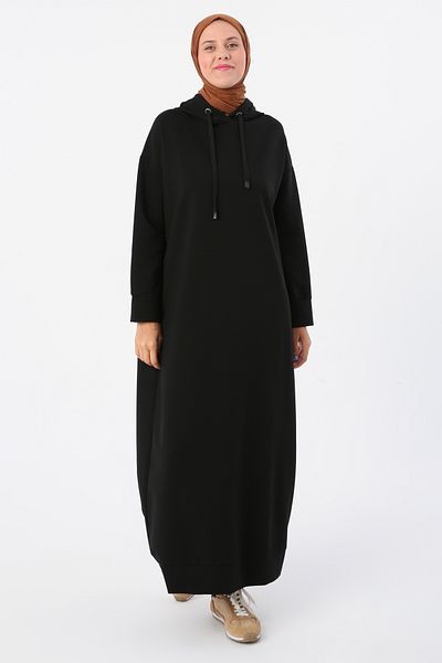 ALLDAY Schwarzes Basic-Strickkleid aus Baumwolle mit Kapuze