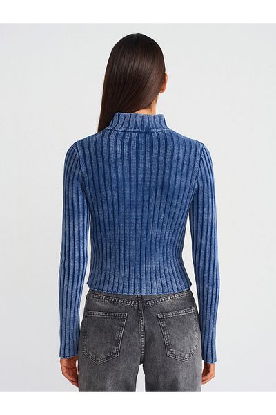 Dilvin 60249 Pale Effect Zippered Knitwear Cardigan-Indigo